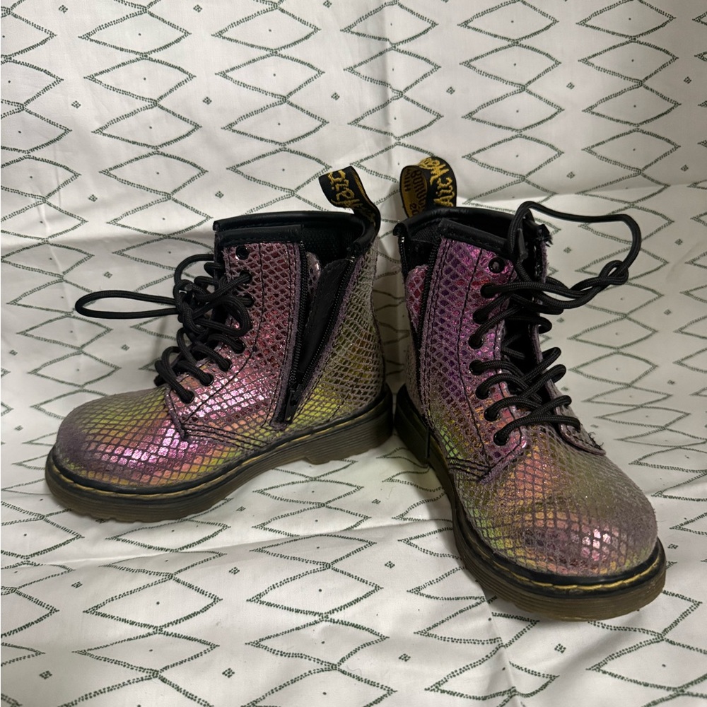 Dr. Martens Iridescent Snake-Embossed Combat Boots - Pink, Green, Black
